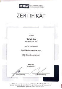 Zertifikat Kfz-Schadengutachter für Kfz-Gutachter-Aziz
