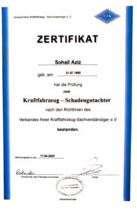 Zertifikat Kraftfahrzeug-Schadensgutachter für Kfz-Gutachter-Aziz