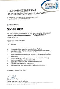 Zertifikat Richtig kalkulieren für Kfz-Gutachter-Aziz